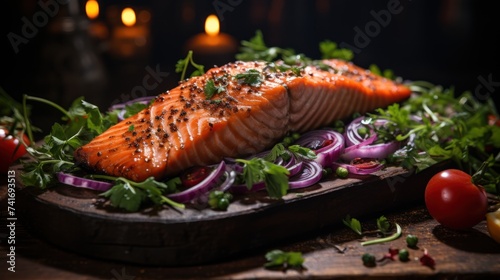 Grilled salmon with red onion and parsley on a wooden board