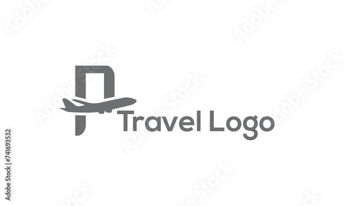 Letter P logo with airplane  aircraft in negative space. Usable as travel, airport, or airline logo. vector
