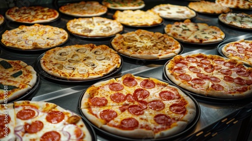 Image of a pizza tray with various toppings on a dining table. photo