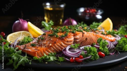 Salmon fillet with red onion and parsley on black plate