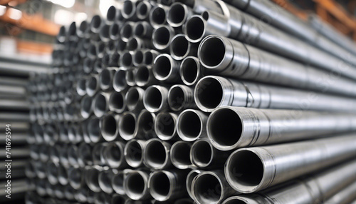 High quality steel pipe or aluminum in a stack waiting to be shipped in a warehouse, steel industry
 photo