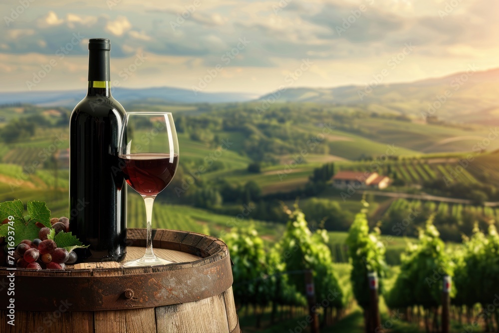 photograph of Red wine bottle, wine glass and wooden barrels. Beautiful Tuscany Italian vineyard background