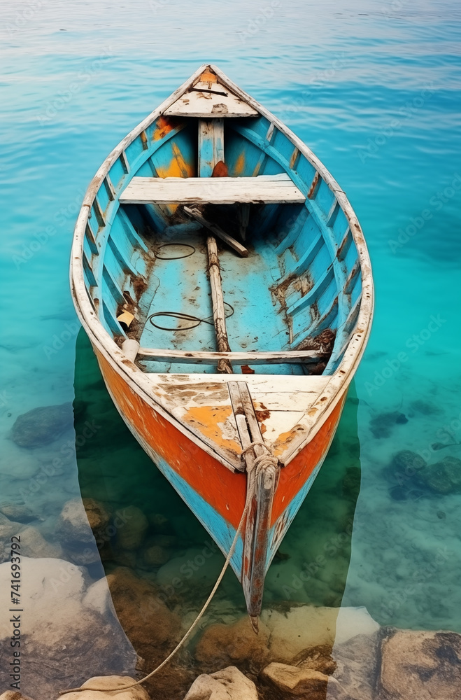 Serene Serenity Tranquil Turquoise Seascape with Old Boat