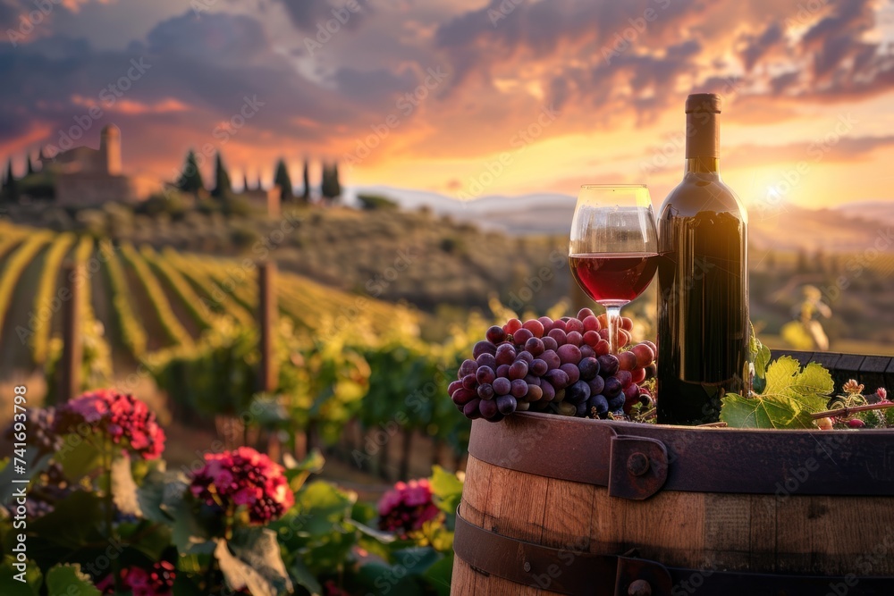 photograph of Red wine bottle, wine glass and wooden barrels. Beautiful Tuscany Italian vineyard background