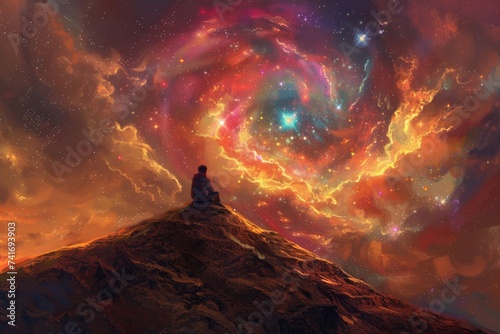 A person sitting on a hill looking at a vibrant cosmic event in the sky.