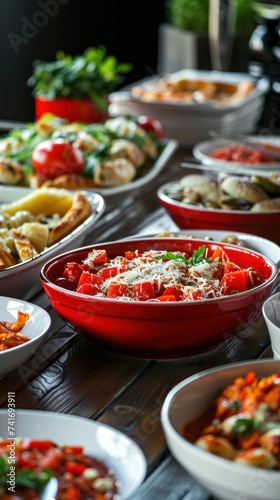 photograph of Selection of Italian food and red and white dishes