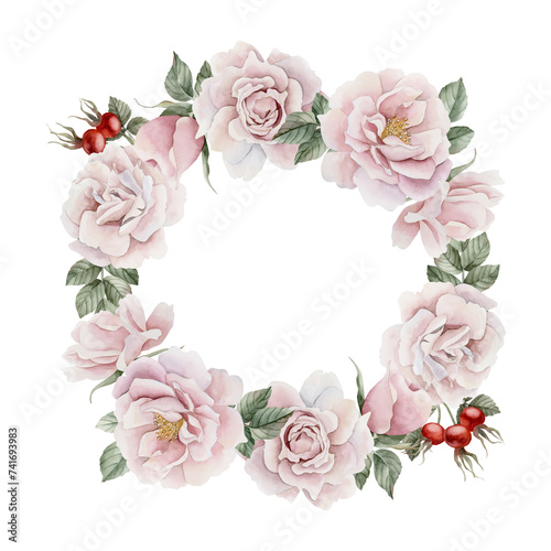 Wreath of pink rose hip flowers with buds, leaves and red berries. Floral watercolor illustration