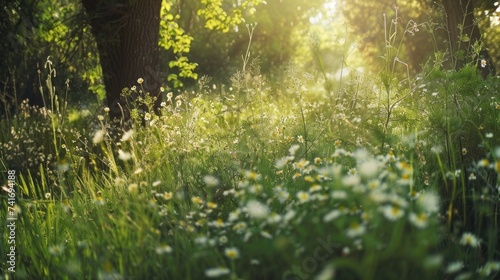 photograph of Wildflowers and green trees in the forest or park with wild grass and sunlight. Beautiful summer spring natural background