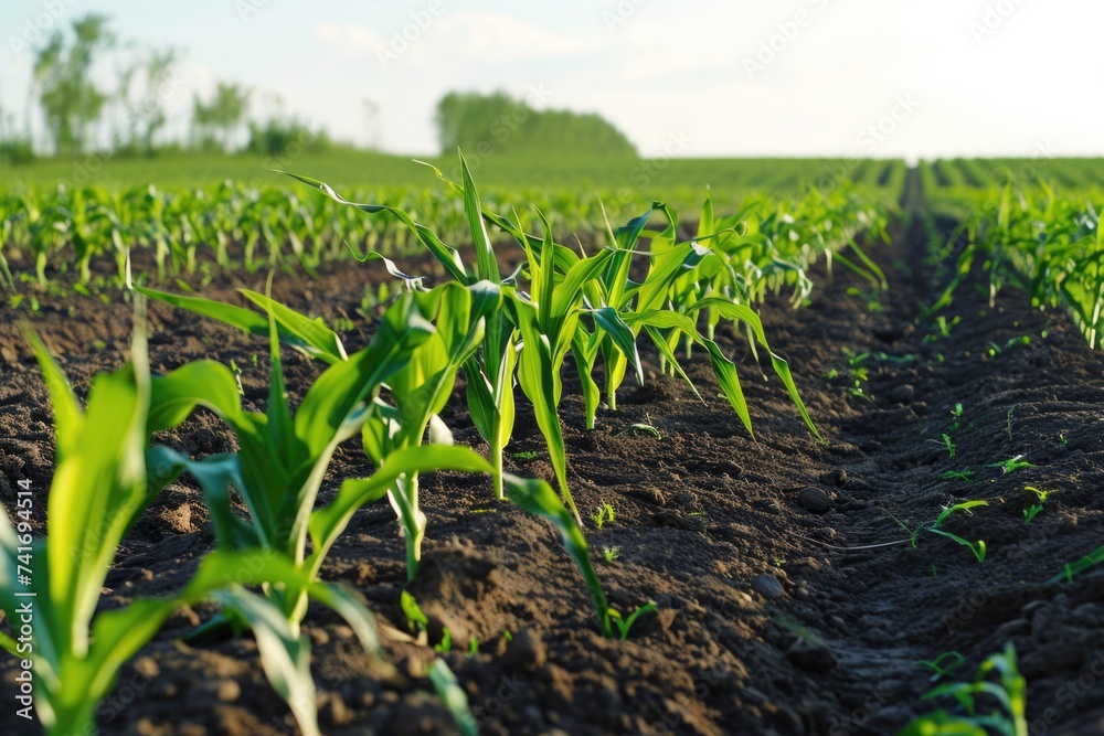 Green cornfield under a blue sky in spring farm.