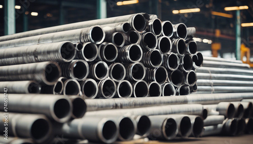 High quality steel pipe or aluminum in a stack waiting to be shipped in a warehouse, steel industry
 photo