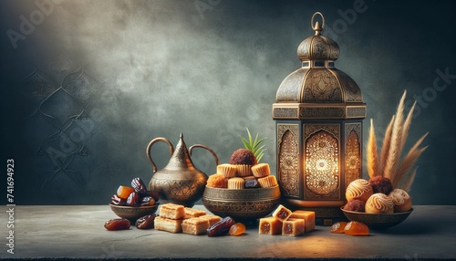 Still life of Arabic sweets, fruits and nuts during end of fasting month of Ramadan and celebration of Eid al-Fitr with elegant tableware and filigree lantern with copy space