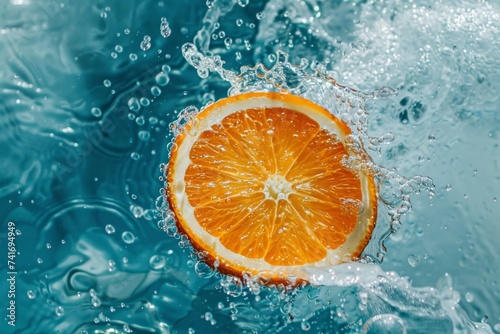 An orange slice submerged in liquid  creating a dynamic and swirling splash effect with bubbles and liquid tendrils surrounding it.