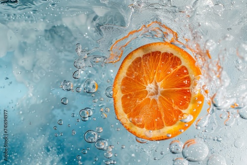 An orange slice submerged in liquid  creating a dynamic and swirling splash effect with bubbles and liquid tendrils surrounding it.