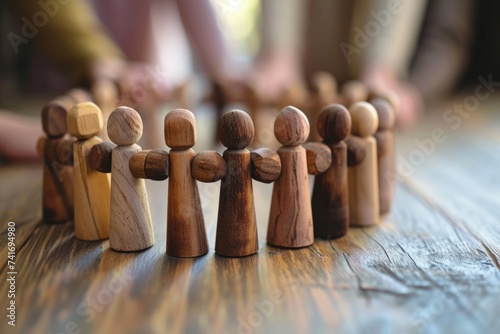 Affirmative action encompasses initiatives such as diversity and inclusion, equal opportunity, and quota systems for minority groups, represented by a wooden model of people holding hands. photo