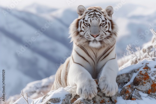 A majestic bengal tiger, its snowy coat blending with the wintry landscape, rests atop a rocky perch in its natural habitat, exuding power and grace as a symbol of the untamed beauty of the wild