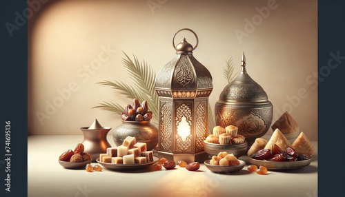 Still life of Arabic sweets, fruits and nuts during end of fasting month of Ramadan and celebration of Eid al-Fitr with elegant tableware and filigree lantern