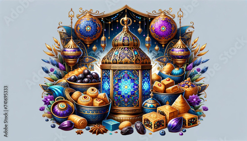 Arabian lantern and traditional Eid al-Fitr sweets fasting and fruits on gray background. Still-life in color palette of blue, purple, and gold
