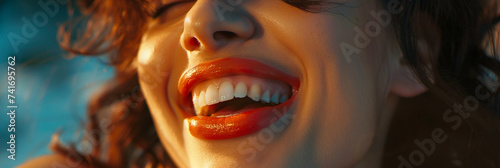 Close-up beauty cosmetics portrait of a laughing woman photo