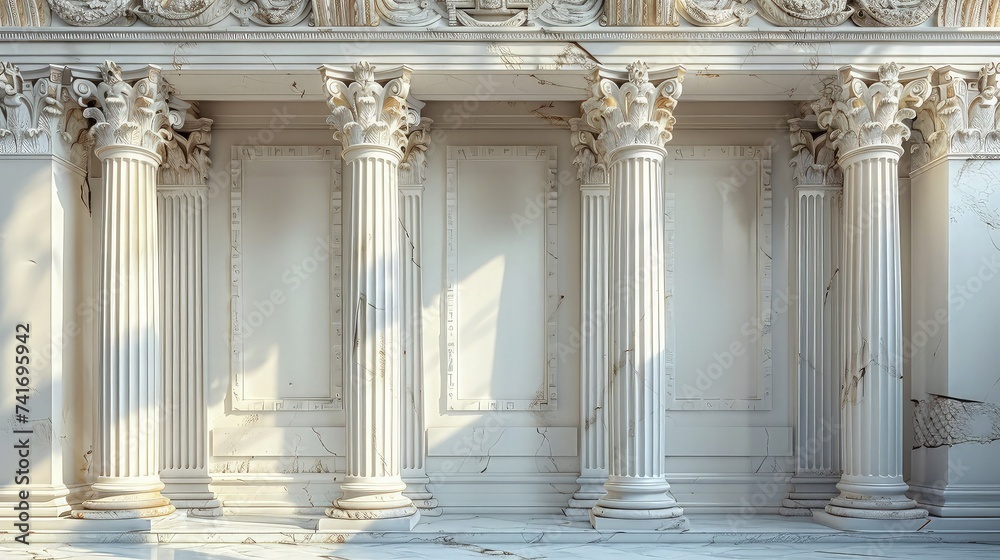 Classic Charm: Greek Temple Pillars Against All-White Backdrop.