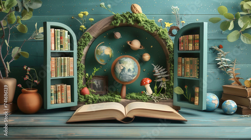 Childrens quest for knowledge depicted in a graphic collage where books open doors to science and art
