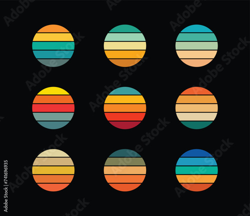 Vintage retro sunset collection in 70s 80s style. Abstract vintage retro sunset background set. Circe gradient background. T shirt, sticker, logo, icon, design element. © azad_r