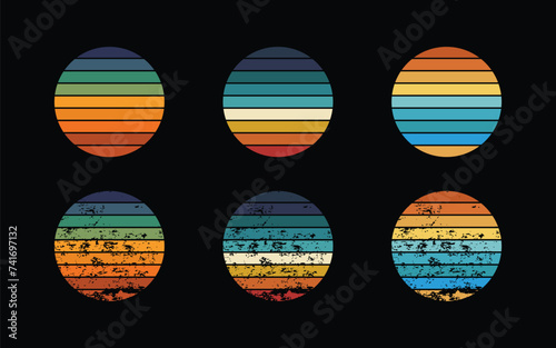 Vintage retro sunset collection in 70s 80s style. Abstract vintage retro sunset background set. Circe gradient background. T shirt, sticker, logo, icon, design element.