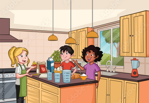 Group of cartoon children in the kitchen making a cake. Teenagers  cooking.  © denis_pc