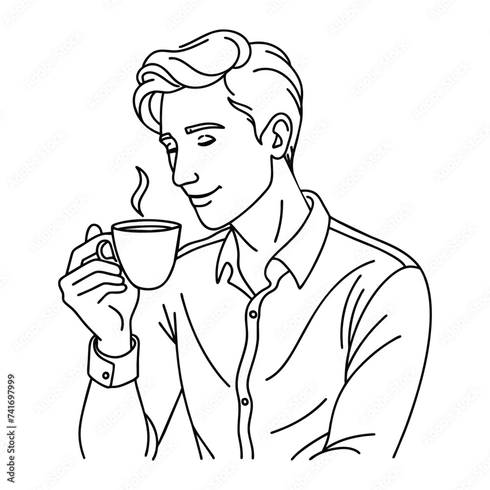 Man drinking his morning coffee Continuous line art drawing