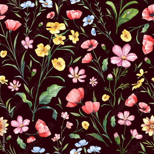 Fototapeta Naklejka Na Ścianę i Meble -  Seamless pattern with watercolor wild flowers on dark background. Hand painted delicate blooming pink, yellow florals - detailed high quality wallpaper design