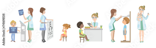 Kids at Pediatrician on Medical Examination at Hospital Vector Set