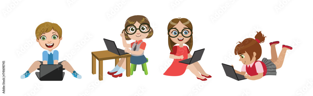 Happy Children with Mobile Gadget Use Application Vector Set Happy Children with Mobile Gadget Use Application Vector Set
