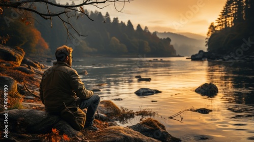 A man sitting on a rock by the lake and watching the sunset
