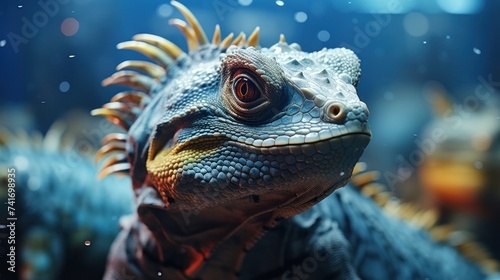 Portrait of a blue iguana on a dark background. Close-up.