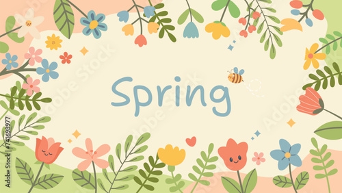 Cute spring floral background. Cute card. Spring collection of animals, flowers and decorations. For poster, card, scrapbooking , stickers. Hello spring banner background template