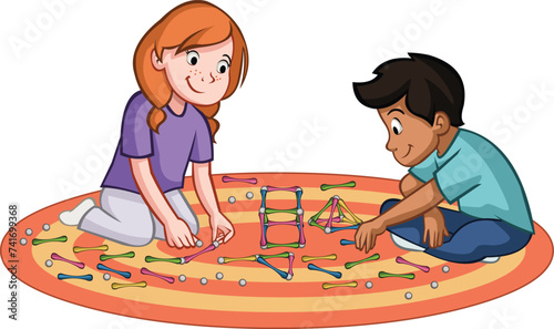 Cartoon young people assembling magnet toy . Teenagers solving a magnet puzzle.   © denis_pc