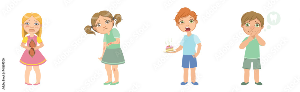 Sick Children Feel Unwell and Suffer from Illness Vector Set Sick Children Feel Unwell and Suffer from Illness Vector Set
