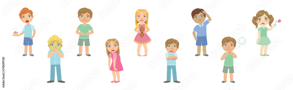Sick Children Feel Unwell and Suffer from Illness Vector Set