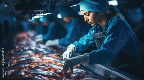Portrait of a female worker working in a seafood processing plant. © Bilal