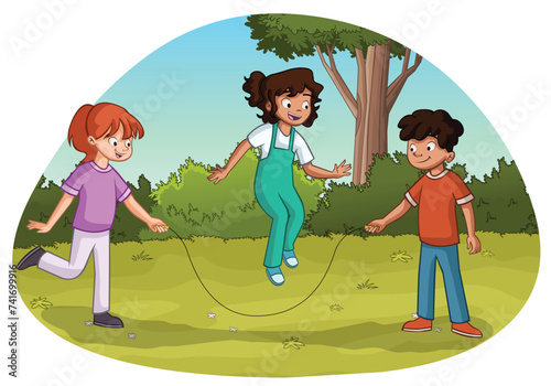Cartoon children jumping rope in the park.
