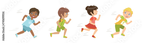 Kids Running Marathon Participate in Sport Competition Vector Set