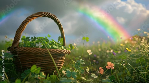 a basket of shamrock clover video in the flower garden st patrick day greeting video for farmer comunity with cloudy sky and rainbow photo
