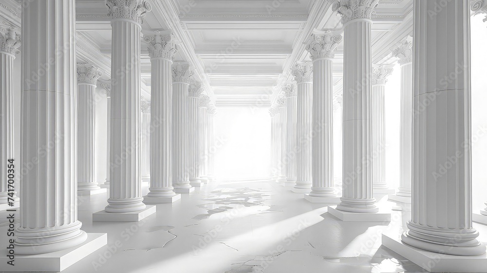 Elegant Grandeur: Greek Temple Pillars Showcased Against All-White Backdrop.