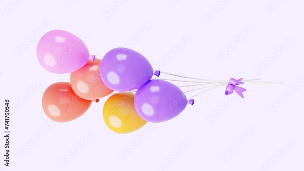 3d animation bundle of helium balloons with ribbons and bow. Colorful ...