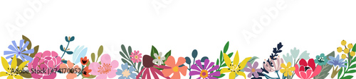 Fototapeta Naklejka Na Ścianę i Meble -  Horizontal floral banner, border, backdrop, overlay decorated with gorgeous multicolored blooming flowers and leaves. Summer botanical flat vector illustration isolated on transparent background.