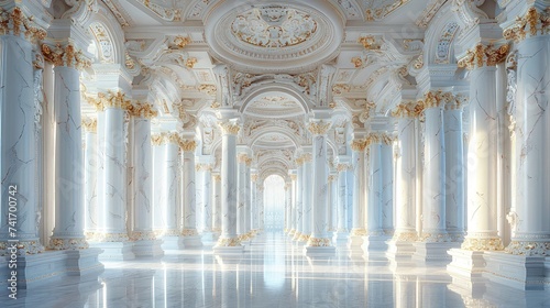 Luxurious Marble Hall with Abundant Pillars  White with Gold Accents