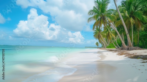 Tropical beach by the sea with palm trees and blue sky © Е К