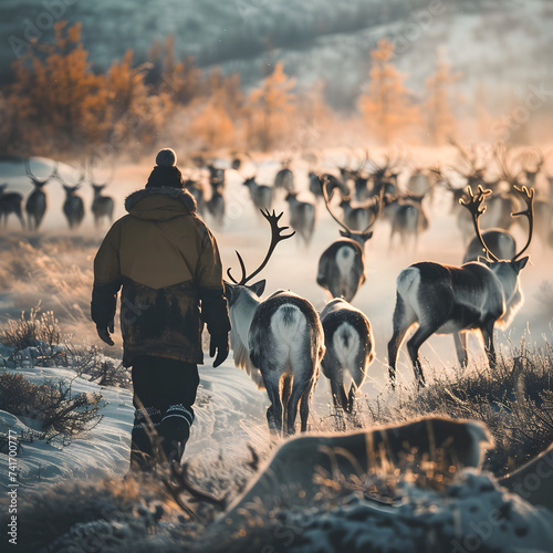 reindeer herder man walking through nature photo