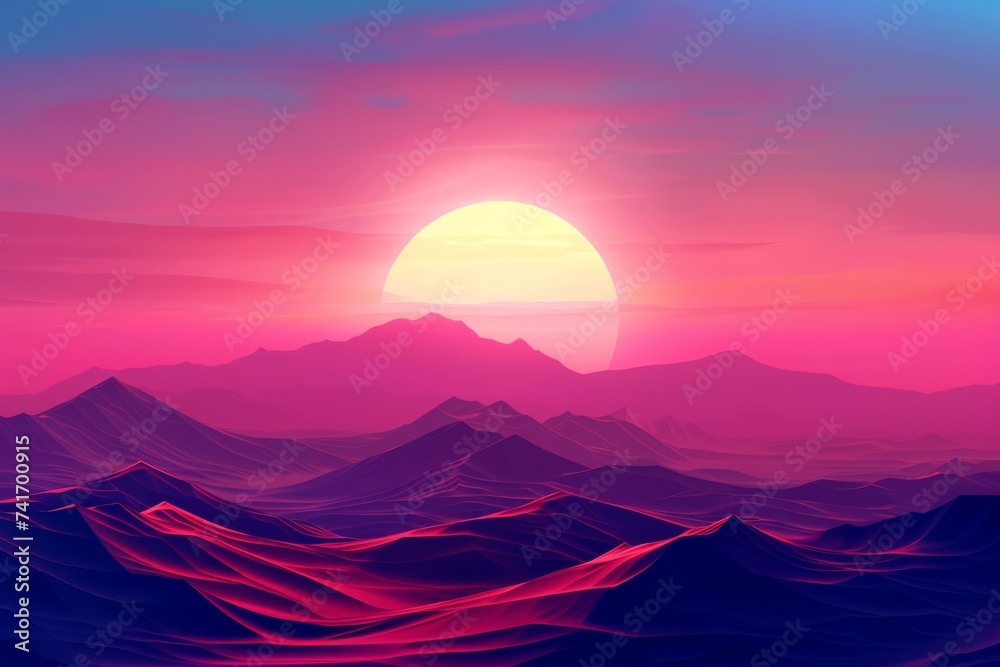 Majestic sunset landscape with sun setting behind mountains Stock ...