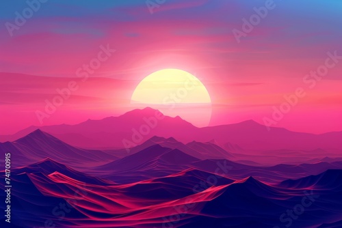 Majestic sunset landscape with sun setting behind mountains