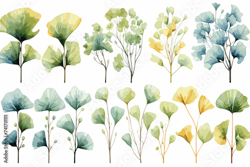 set of different trees painted by watercolor, vector illustration